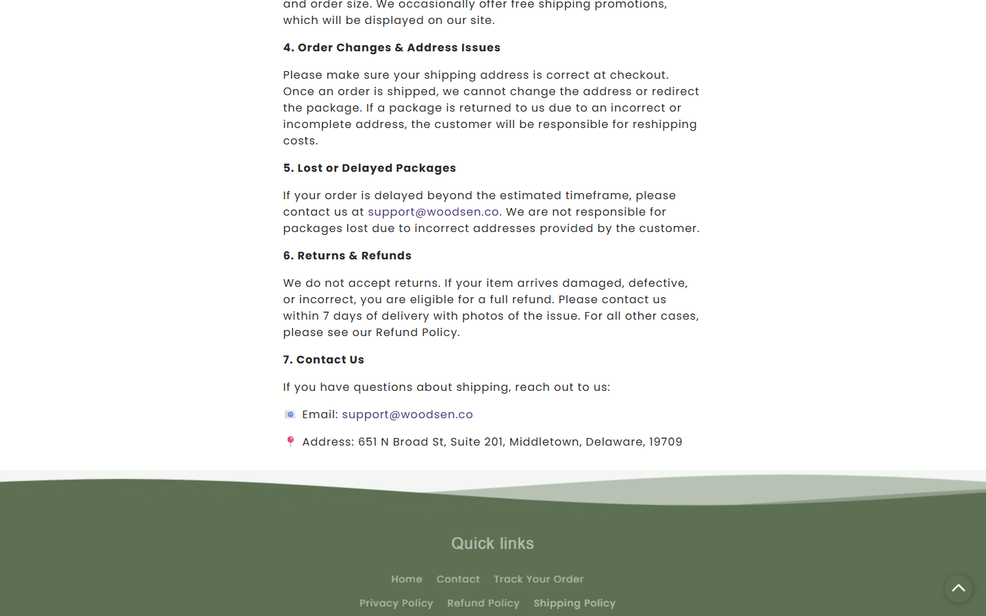 Woodsen Teak Utensils Review: Conflicting Return and Warranty Policies 3 Woodsen shipping policy saying it does not accept returns while referring shoppers to a separate refund policy