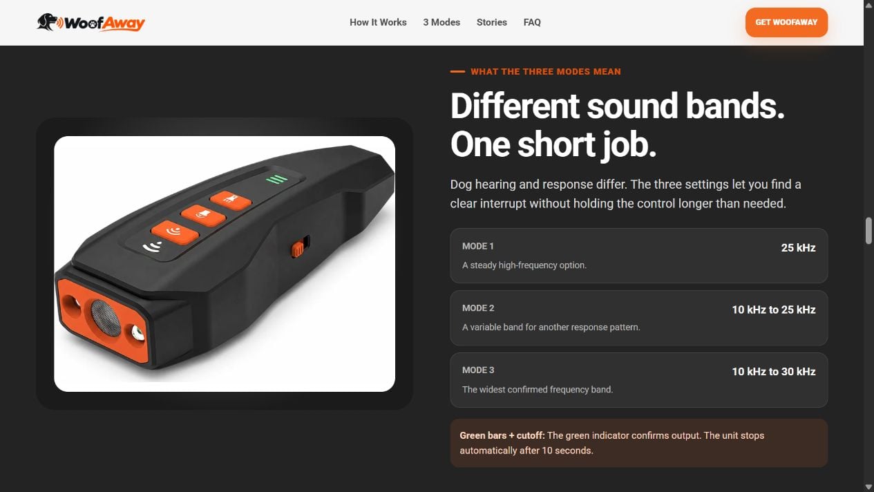 WoofAway ultrasonic dog trainer page showing the device and its three operating modes