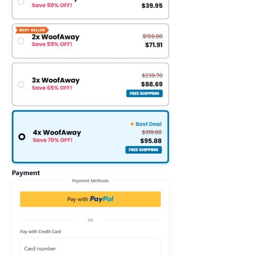 WoofAway checkout with the four-device package selected beside smaller package options