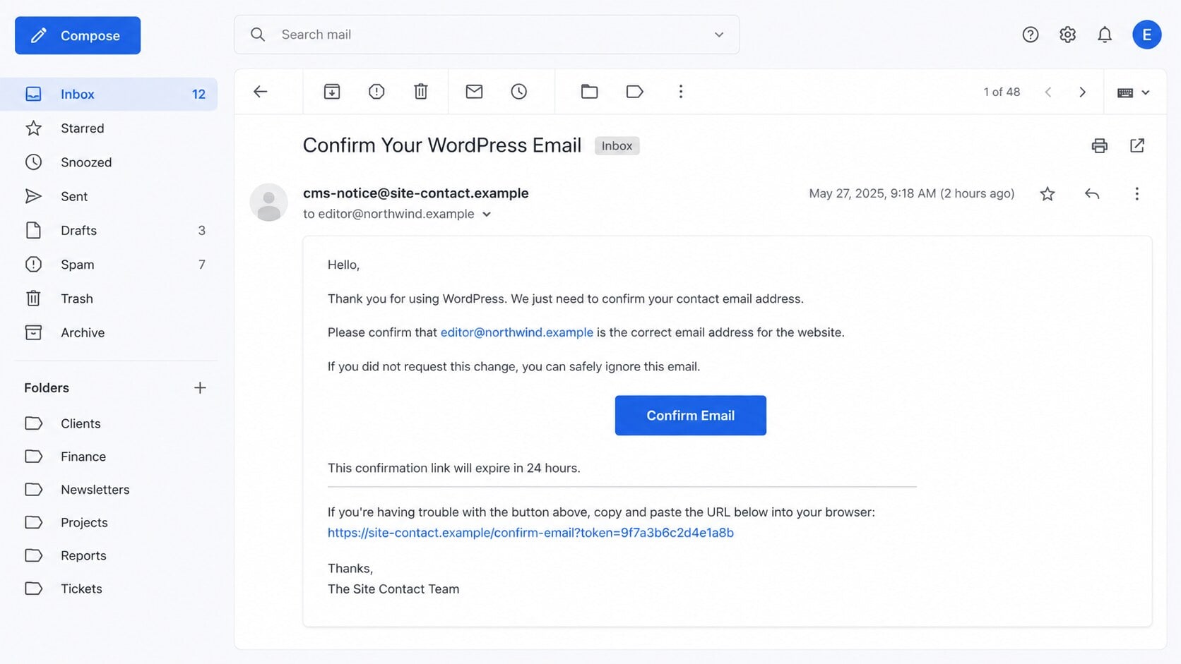 Confirm Your WordPress Email phishing message with a blue confirmation button