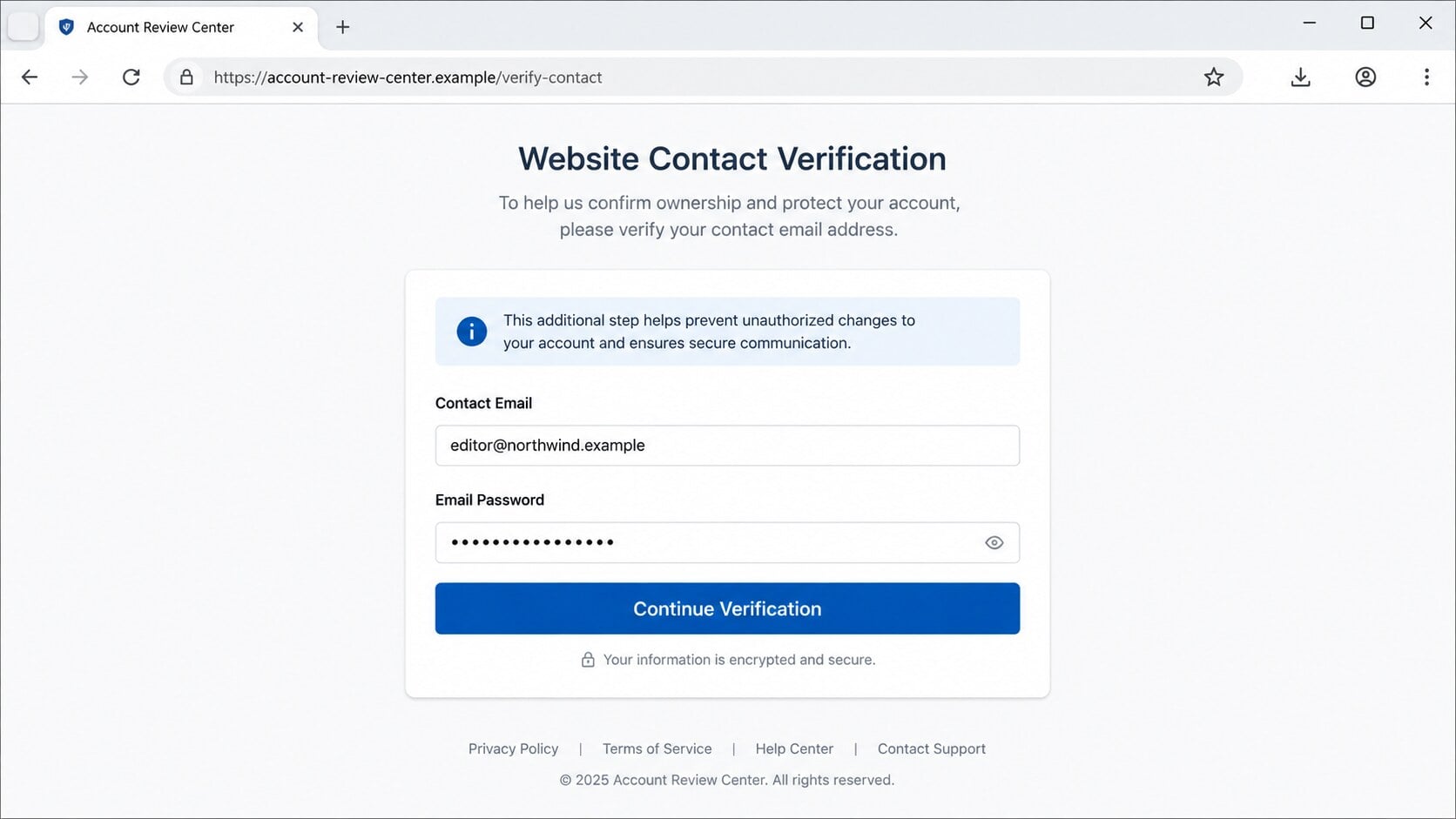 Fake website contact verification page requesting an email password