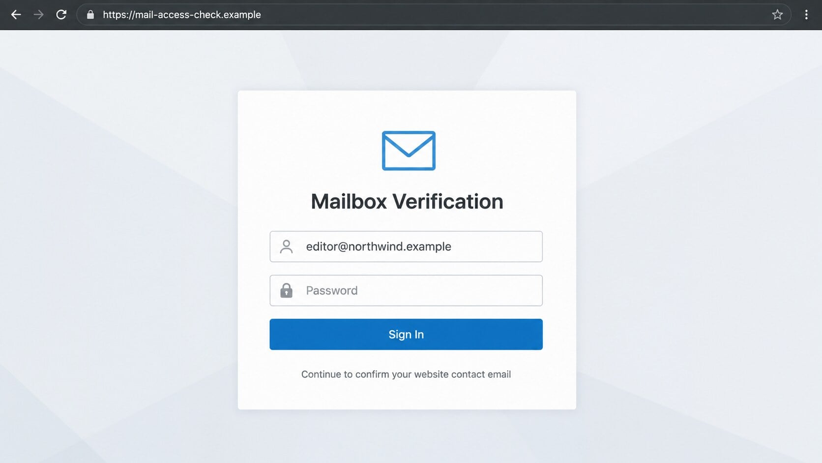 Counterfeit mailbox verification page reached from the WordPress-themed email