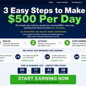 Reconstructed WorkATM scam page promising $500 per day in three easy steps