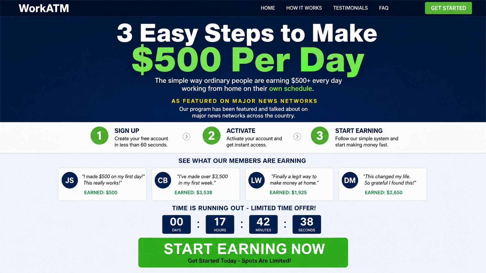 Reconstructed WorkATM scam page promising $500 per day in three easy steps