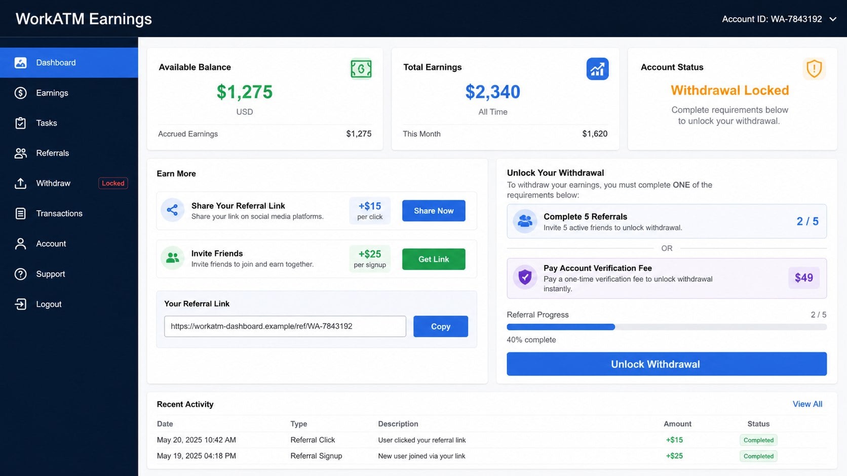 Reconstructed WorkATM earnings dashboard showing a locked withdrawal and verification fee