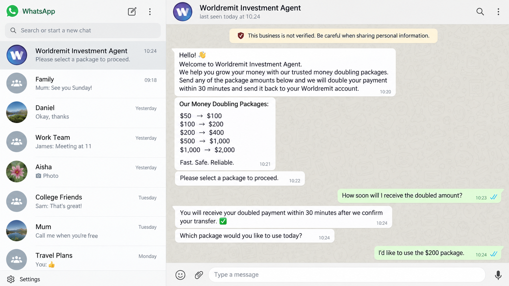 WhatsApp money doubling message using the WorldRemit name