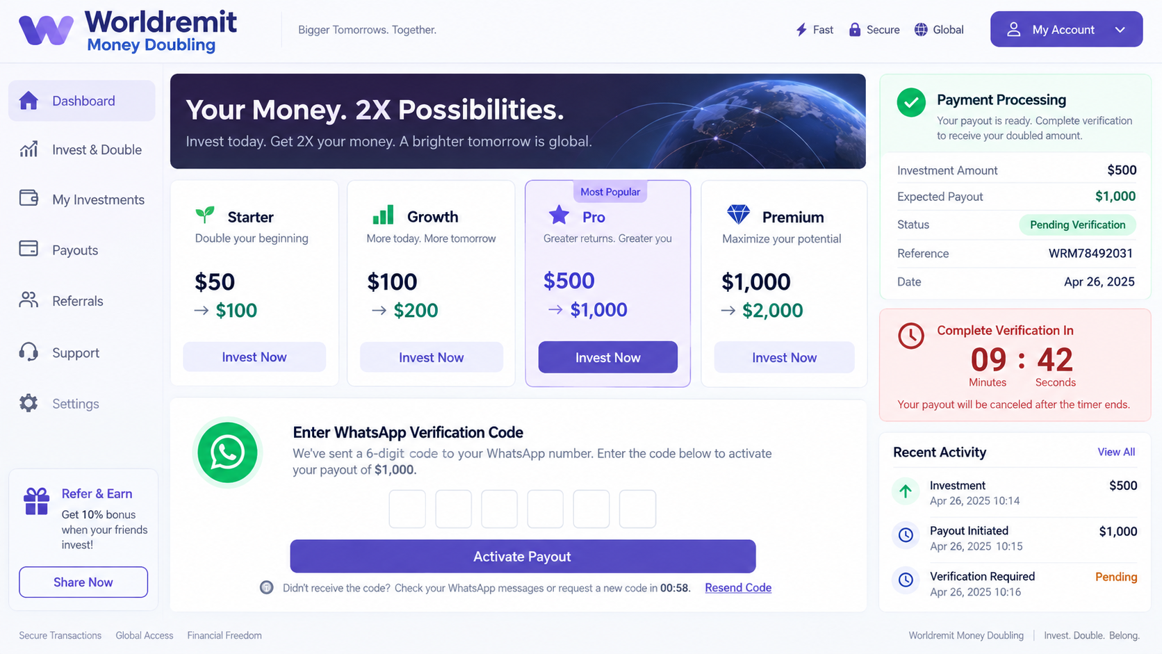 Fake Worldremit money doubling dashboard requesting a WhatsApp code
