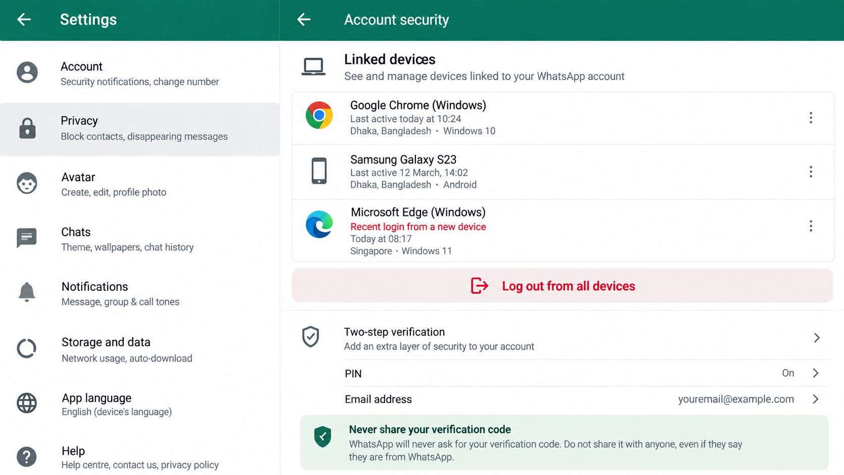 WhatsApp linked devices and two-step verification security screen