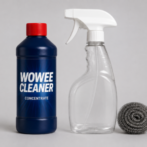 Wowee Cleaner Concentrate bottle with a clear spray bottle and stainless scrubber in a realistic kitchen setting