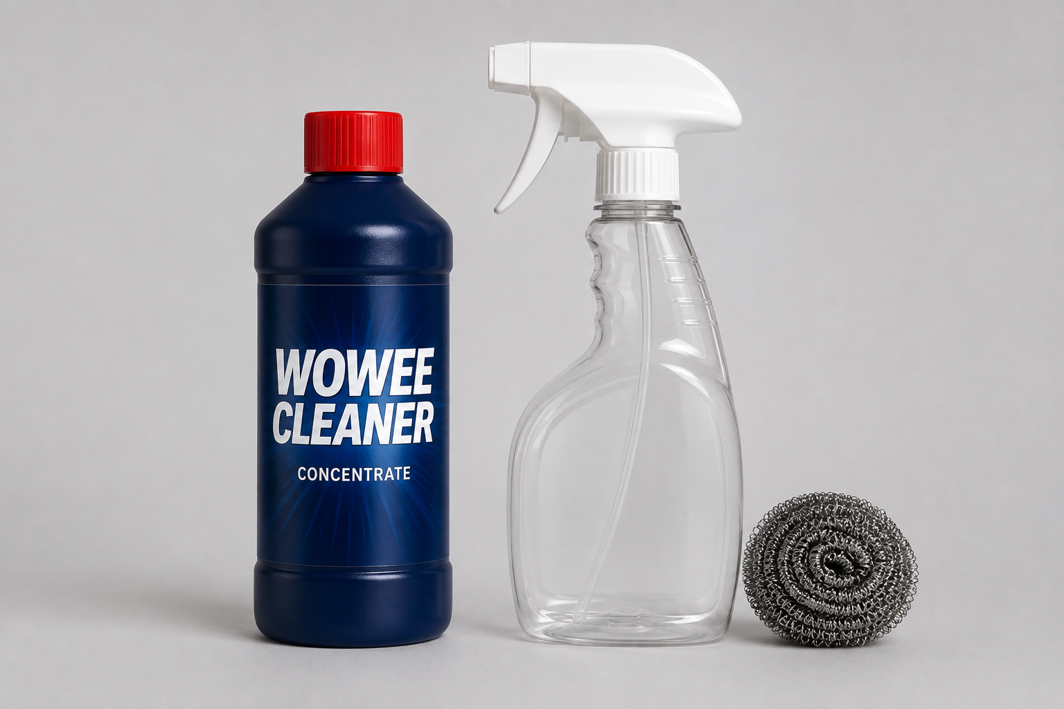 Wowee Cleaner Concentrate bottle with a clear spray bottle and stainless scrubber in a realistic kitchen setting