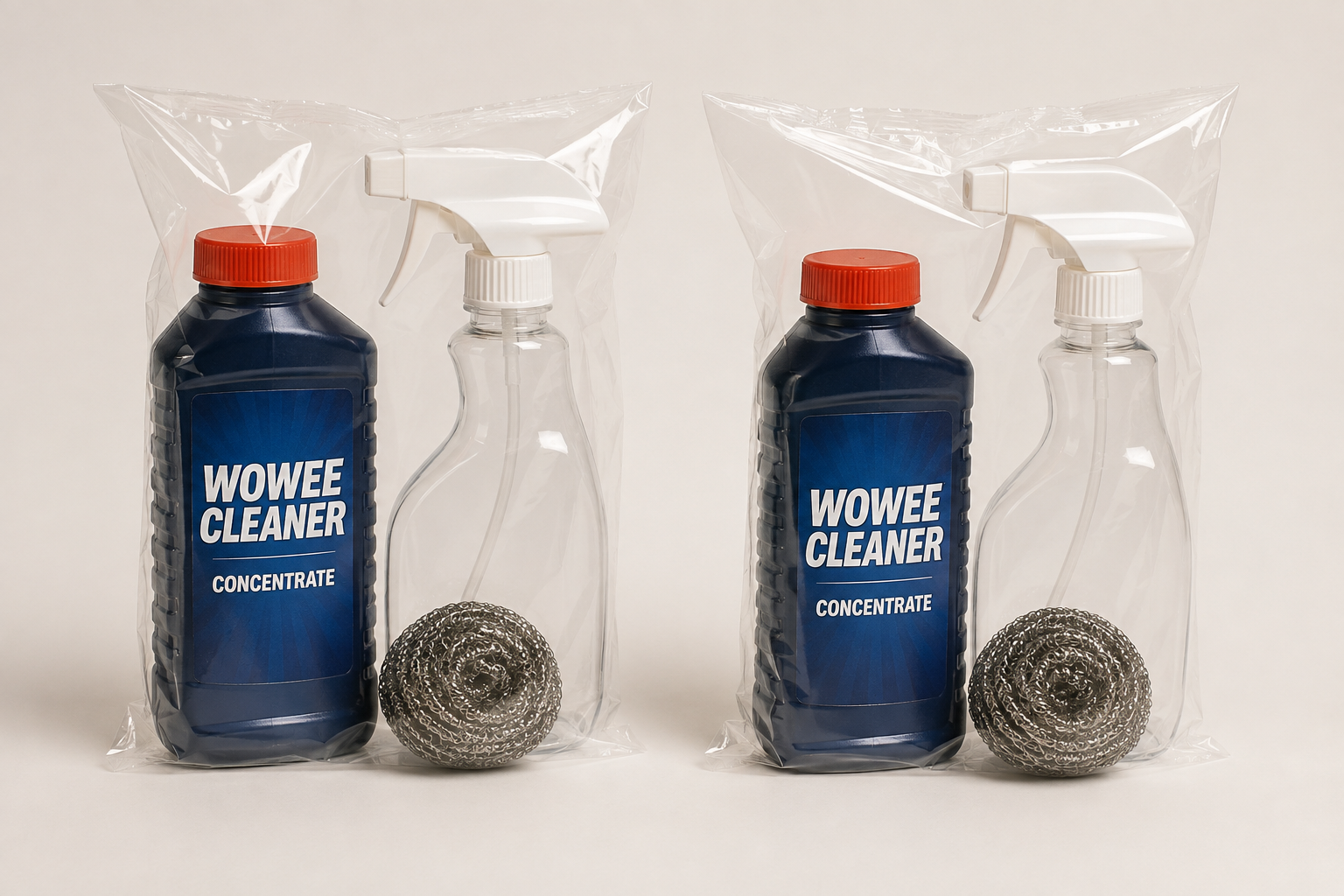 Two packaged Wowee Cleaner kits showing concentrate bottles, reusable spray bottles, and stainless scrubbers