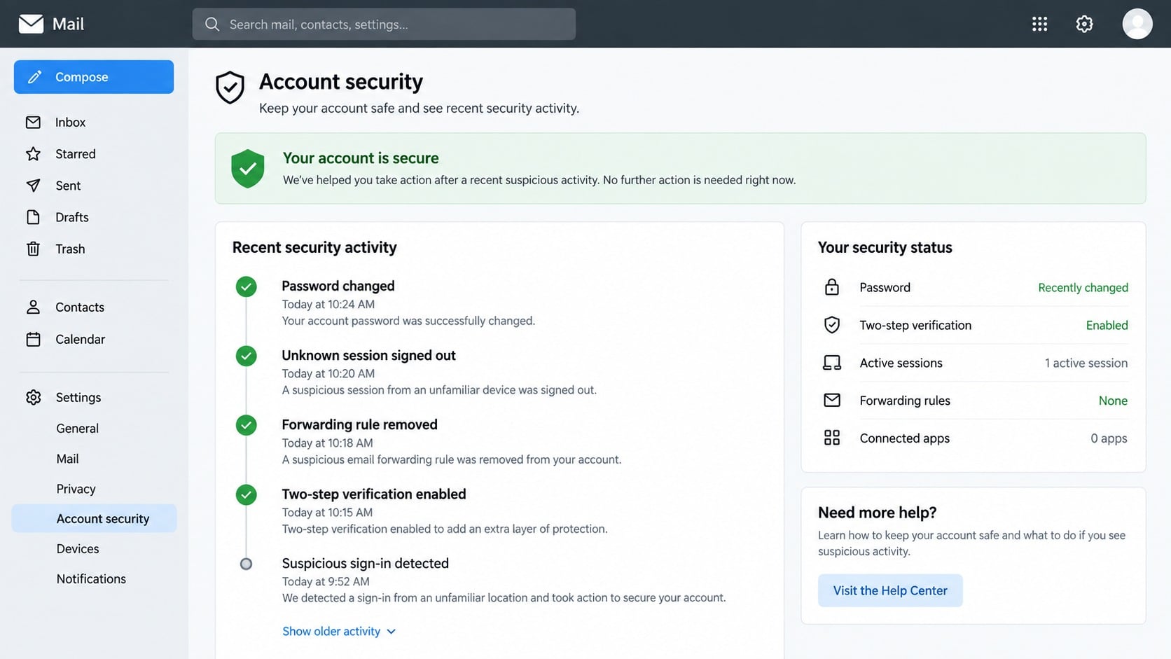Email account security page showing a changed password and removed forwarding rule