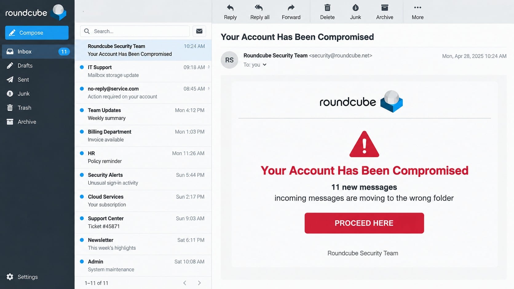 Fake Roundcube alert claiming incoming messages are moving to the wrong folder