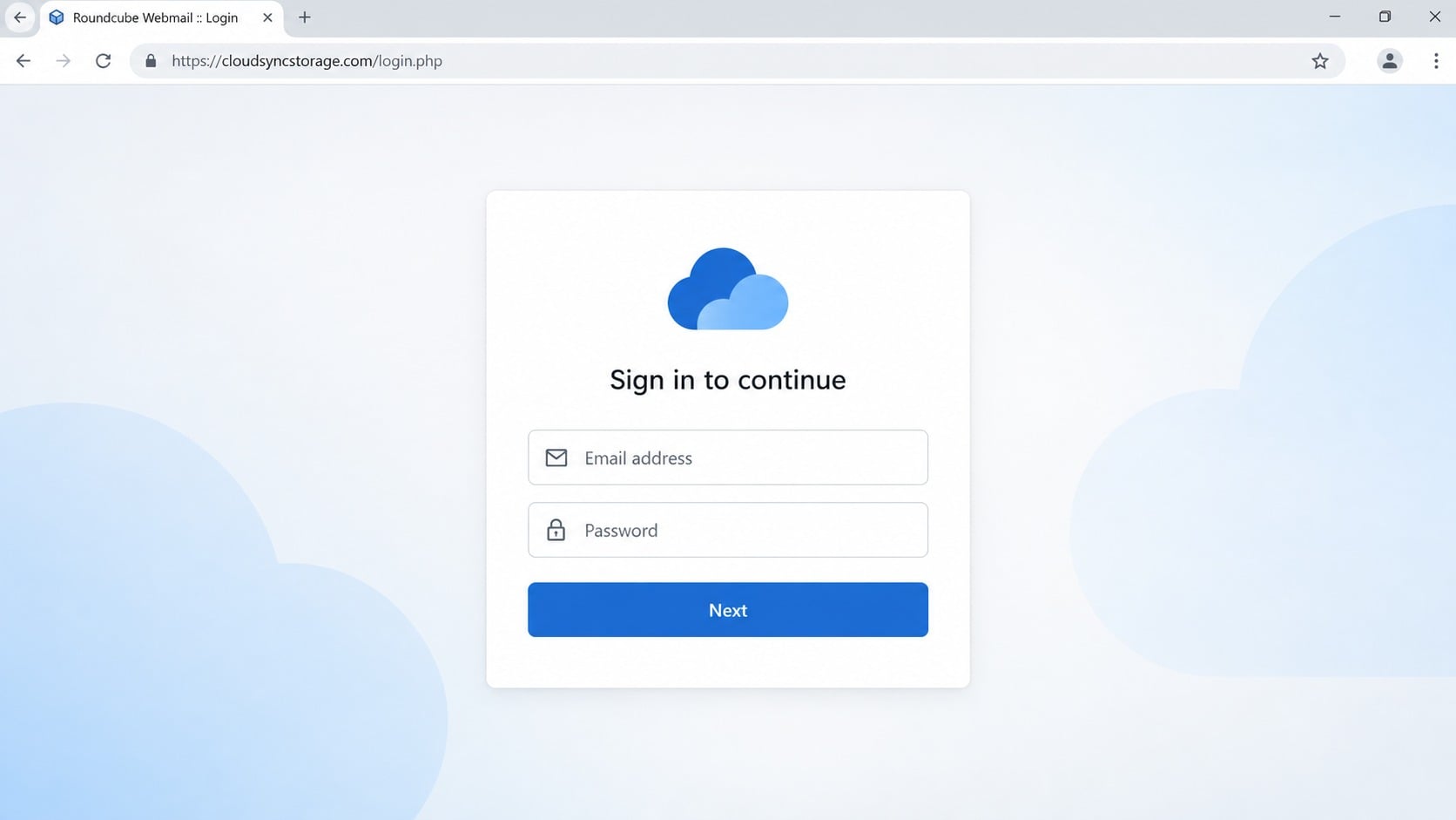 Fake webmail login page opened by the wrong folder phishing email