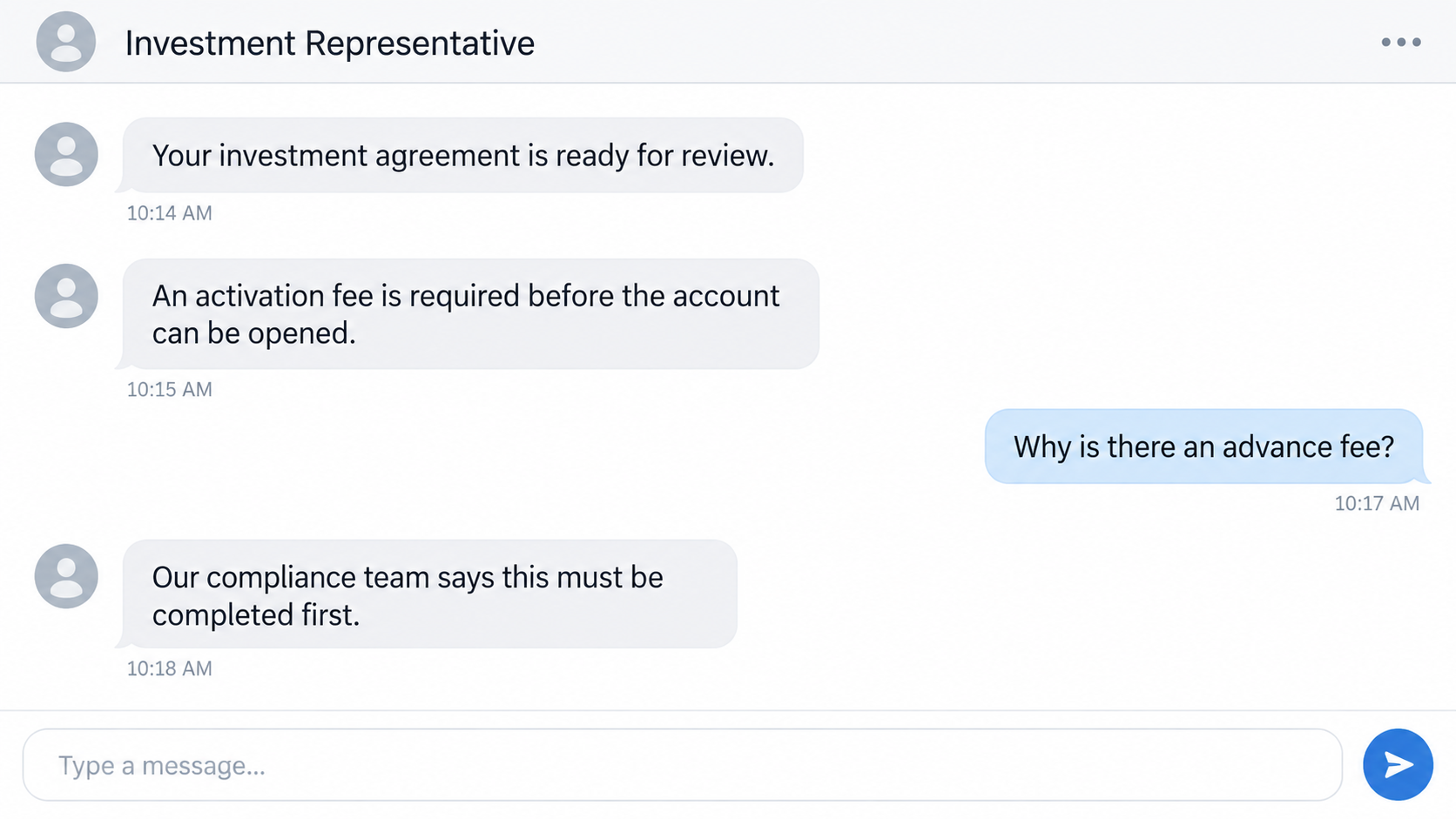 Illustrative reconstruction of an investment messenger conversation mentioning an advance activation fee, not an actual XTB MENA chat
