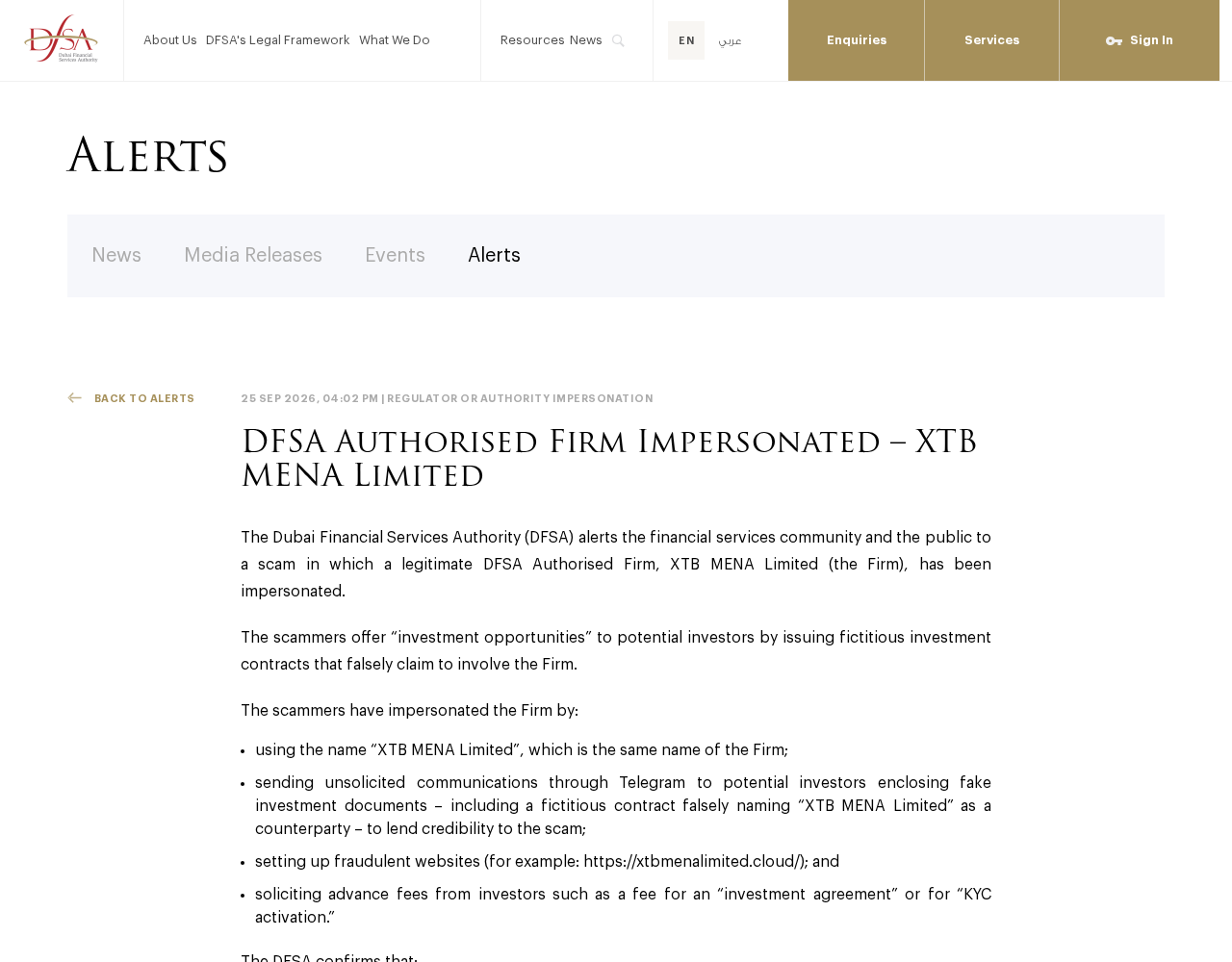 Screenshot of the DFSA alert documenting fake XTB MENA contracts, Telegram outreach, and advance fees