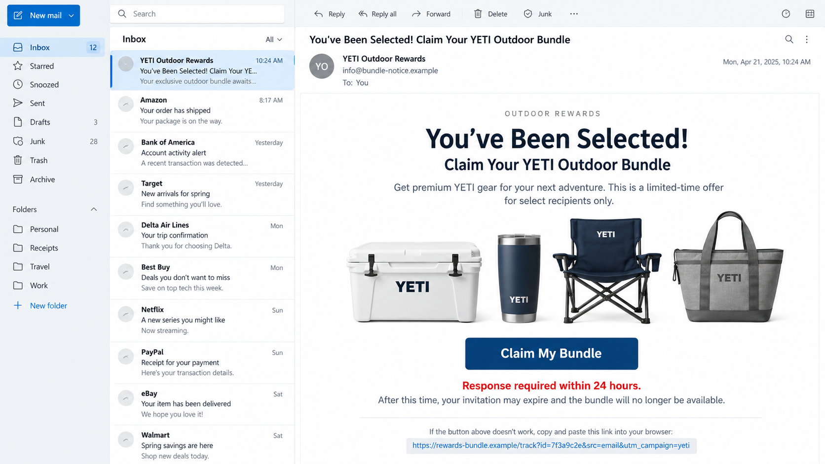 Email claiming the recipient was selected to receive a YETI Outdoor Bundle