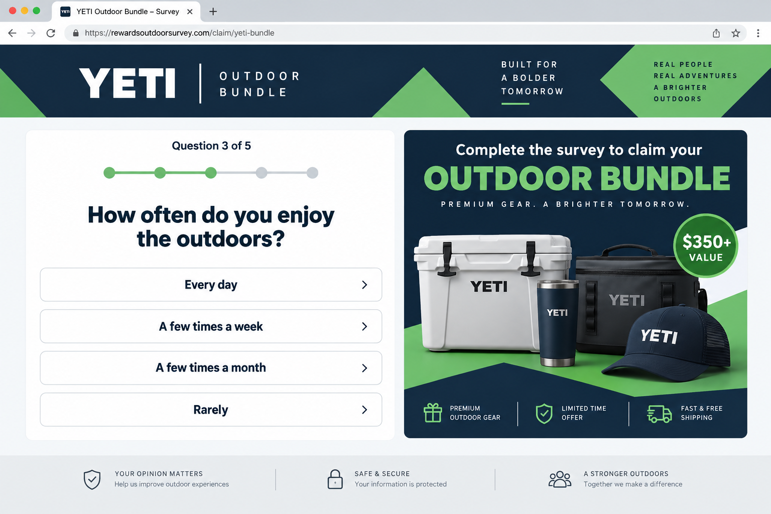 Outdoor bundle survey page asking lifestyle questions before a prize claim