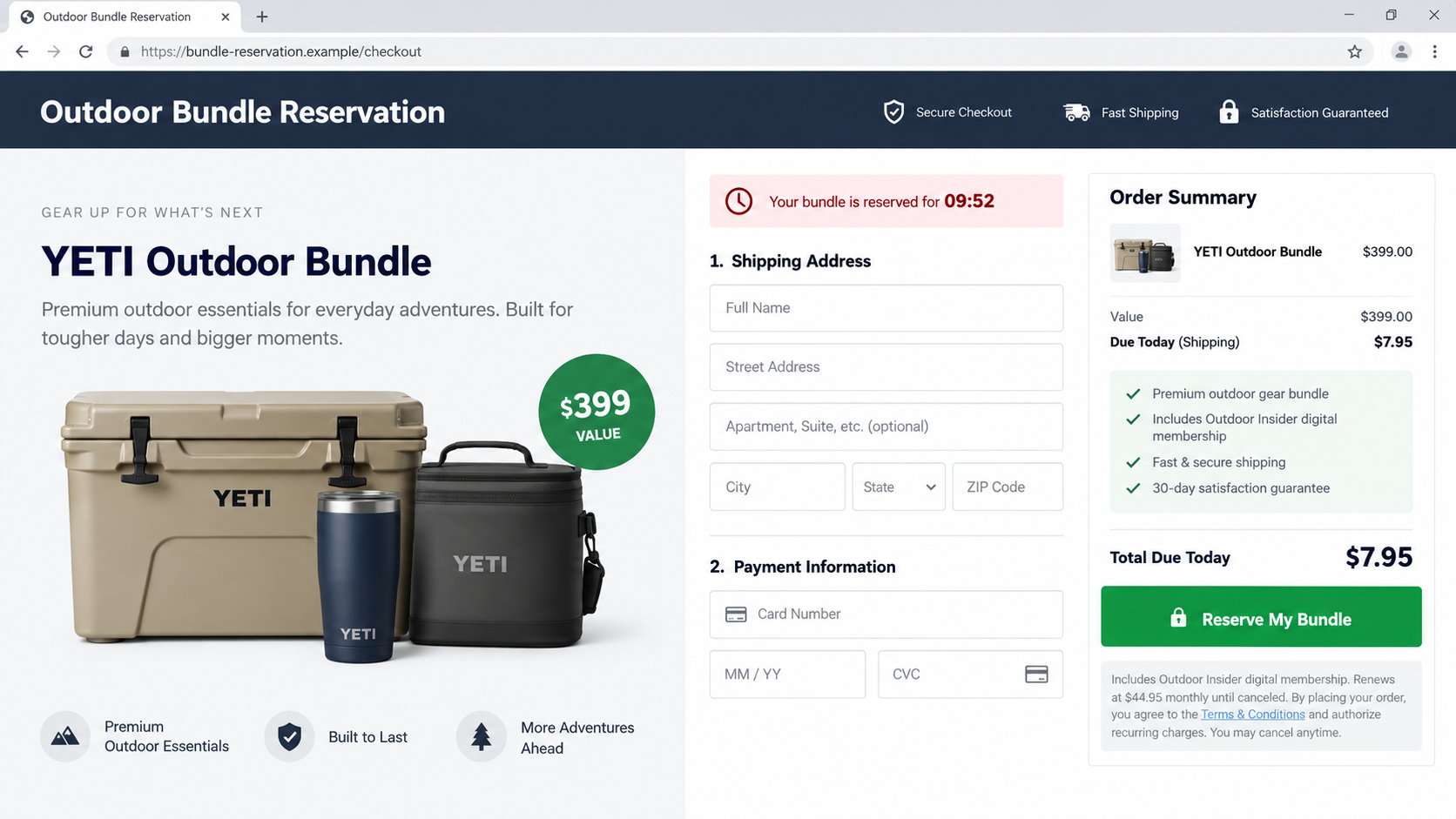 Outdoor bundle checkout disclosing a small delivery fee and recurring membership charge