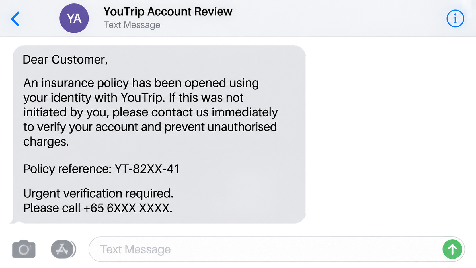 Fake YouTrip insurance policy alert asking the recipient to call an urgent support number