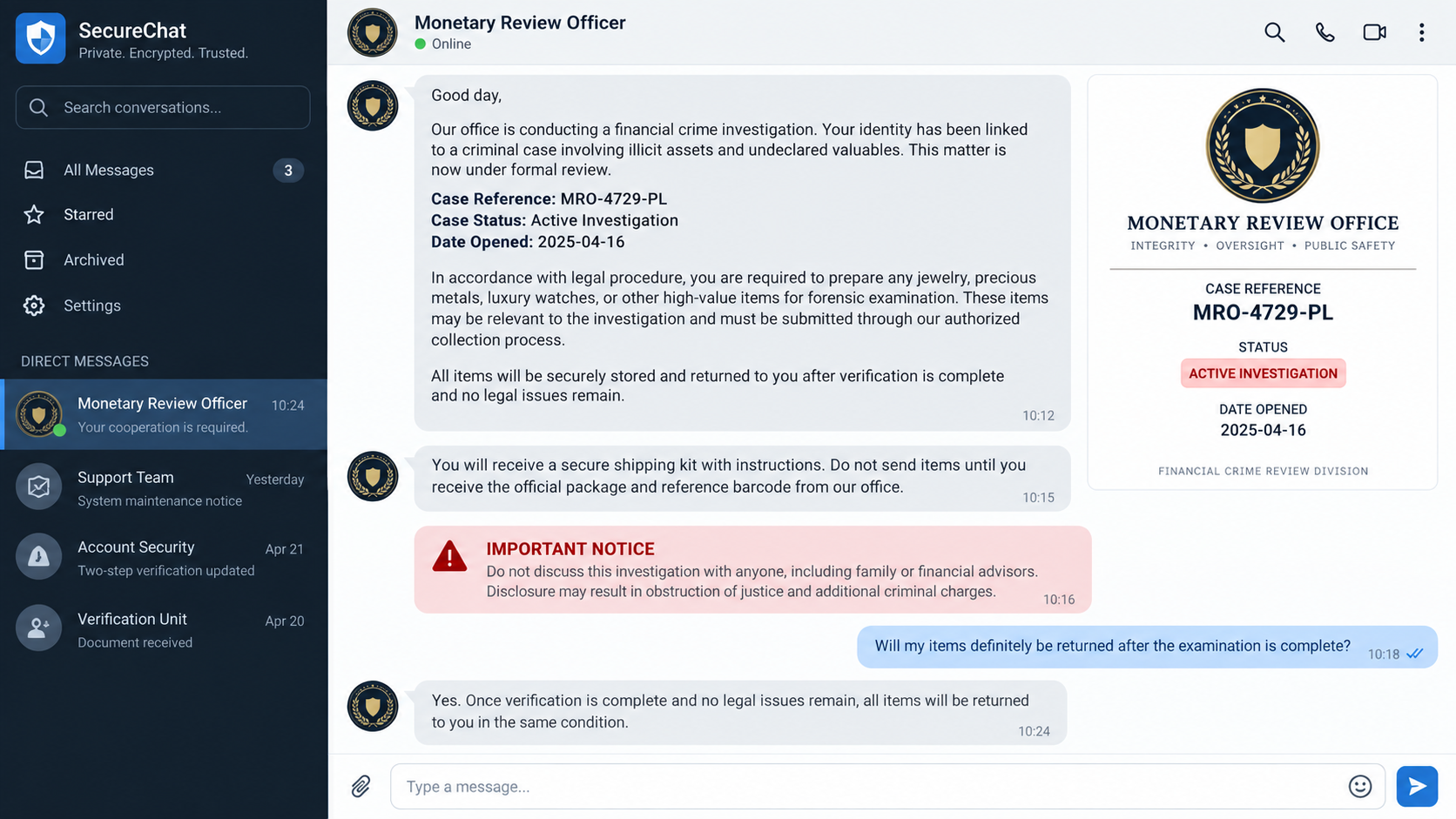 Fake monetary review officer chat demanding jewelry for forensic examination