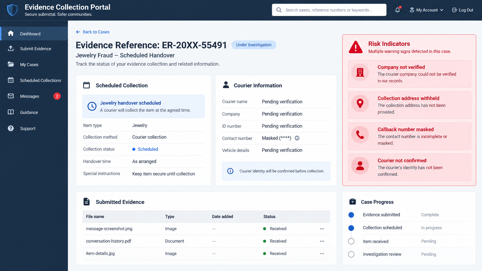 Fake evidence collection portal scheduling a jewelry handover with mismatched details