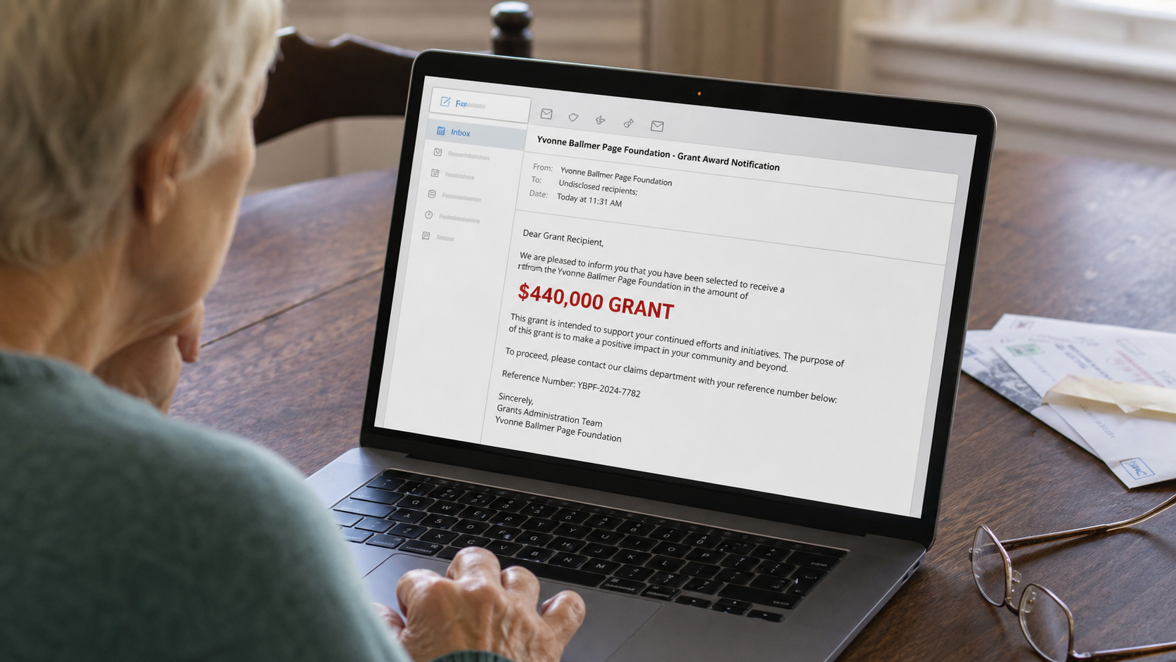 Realistic Yvonne Ballmer Page Foundation scam email promising a $440,000 grant