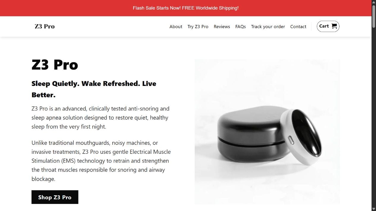 Z3 Pro Anti-Snoring Review: Sleep Apnea Claims and Red Flags Fully Exposed 1 Z3 Pro sales page claiming instant snoring relief, sleep apnea treatment, and doctor approval