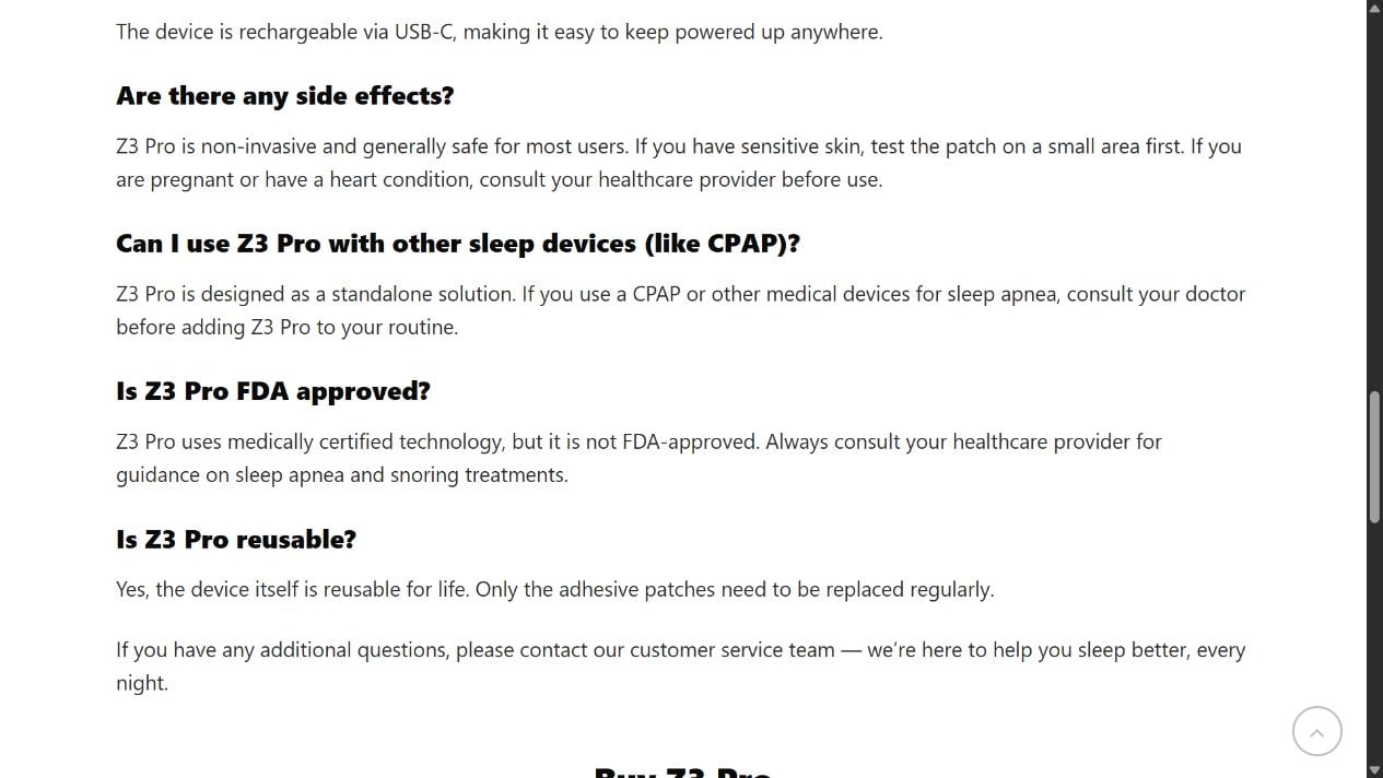 Z3 Pro Anti-Snoring Review: Sleep Apnea Claims and Red Flags Fully Exposed 2 Z3 Pro FAQ stating that the device is not FDA approved despite medical claims elsewhere on the site