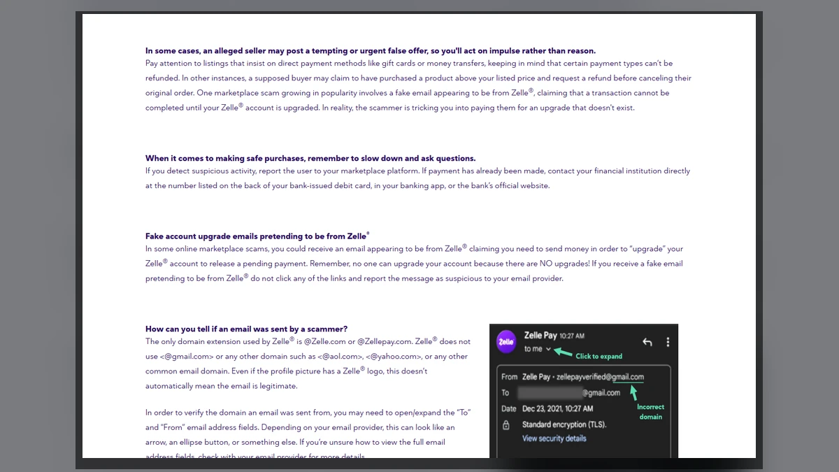 Fake Zelle Business Upgrade Drains a Marketplace Seller 2 Authentic Zelle safety page explaining that marketplace sellers never need an account upgrade to receive payment
