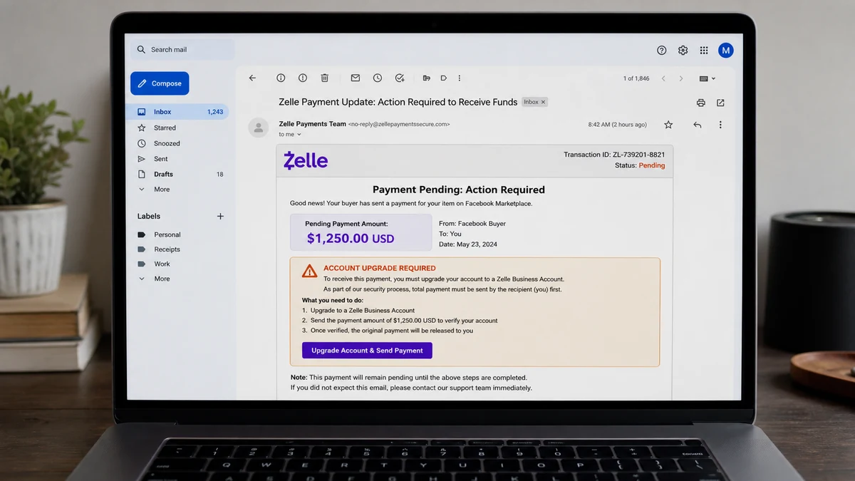 Fake Zelle Business Upgrade Drains a Marketplace Seller 1 Realistic reconstruction of a fake Zelle email claiming a marketplace seller must upgrade to a business account
