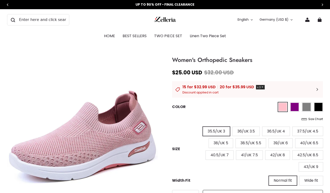 Zelleria orthopedic sneakers product page showing the shoe, sale price, quantity selector, and posture claims