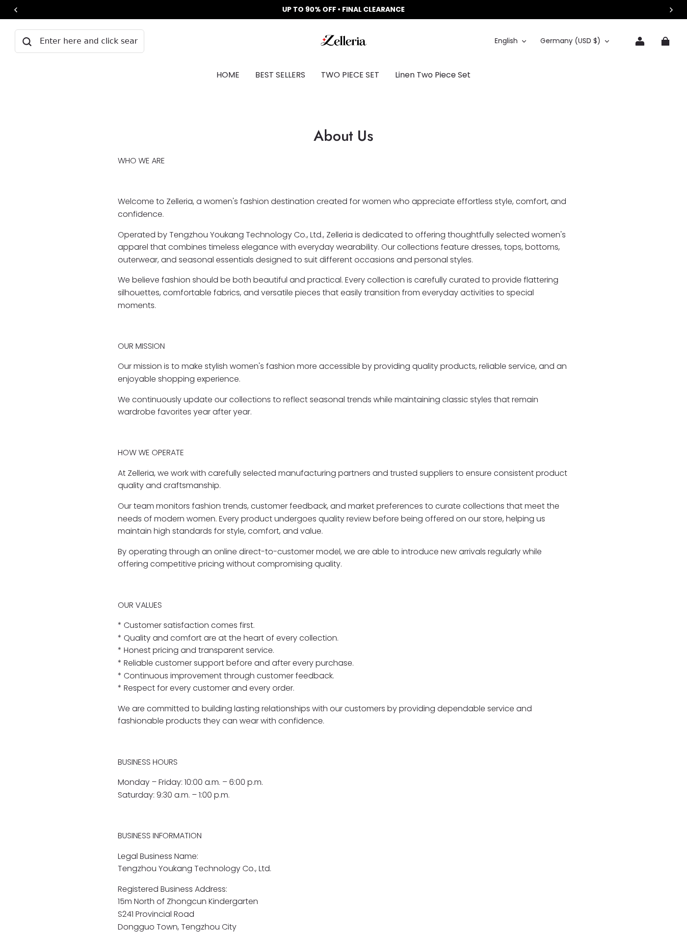 Zelleria About Us page naming Tengzhou Youkang Technology and its registered address in Shandong China