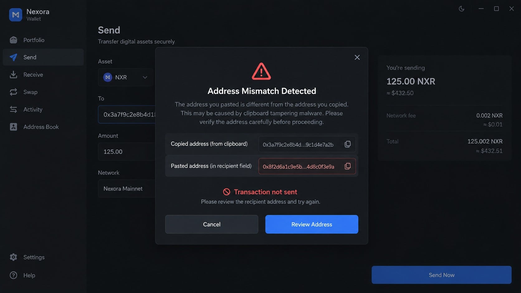 Cryptocurrency wallet warning that copied and pasted recipient addresses do not match