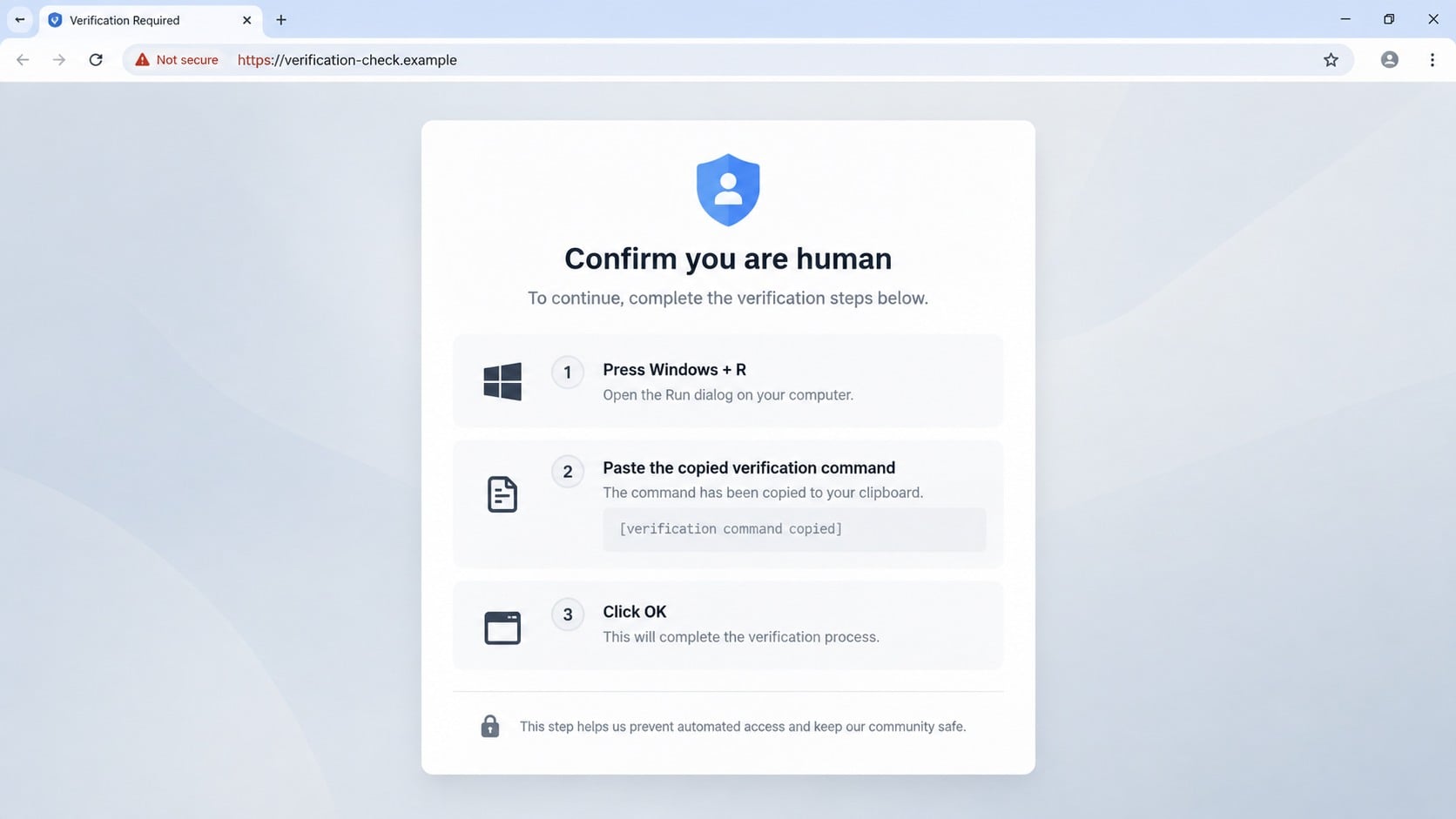 Fake human verification page instructing visitors to run a copied command