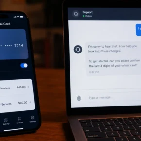 Realistic virtual Visa screen showing two $40 Google charge attempts with one approved and one declined