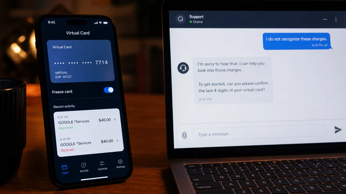 Realistic virtual Visa screen showing two $40 Google charge attempts with one approved and one declined