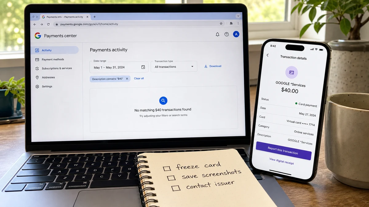Realistic laptop comparison of an empty Google purchase history beside a virtual card fraud dispute screen