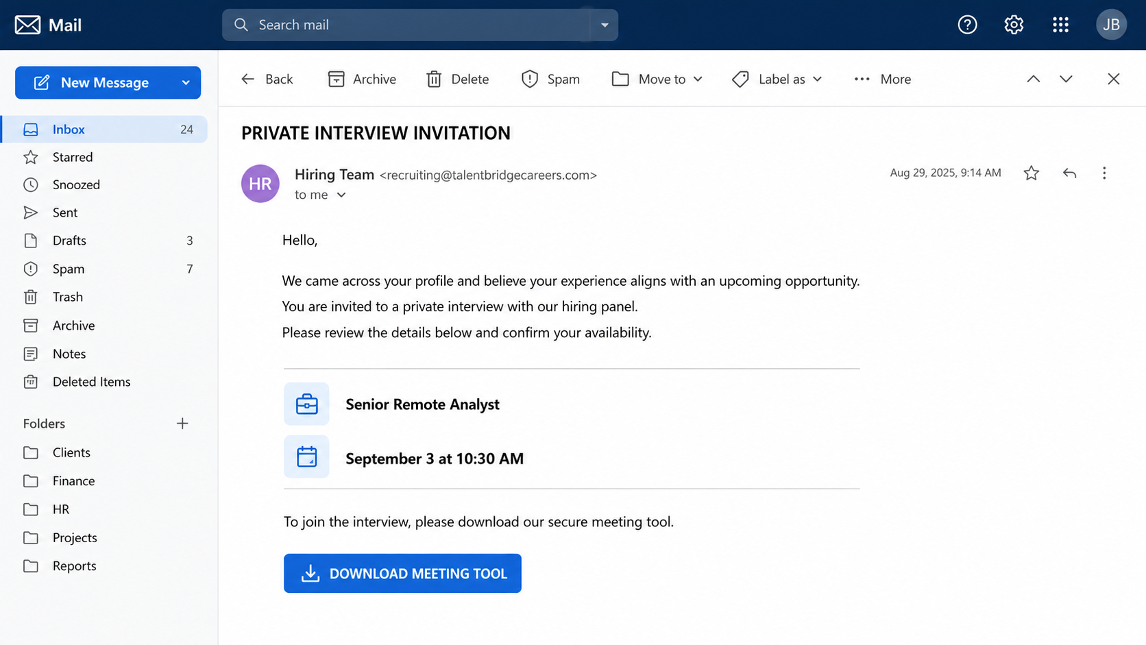 Realistic fake Zoho Backstage recruiting event invitation containing a malicious link