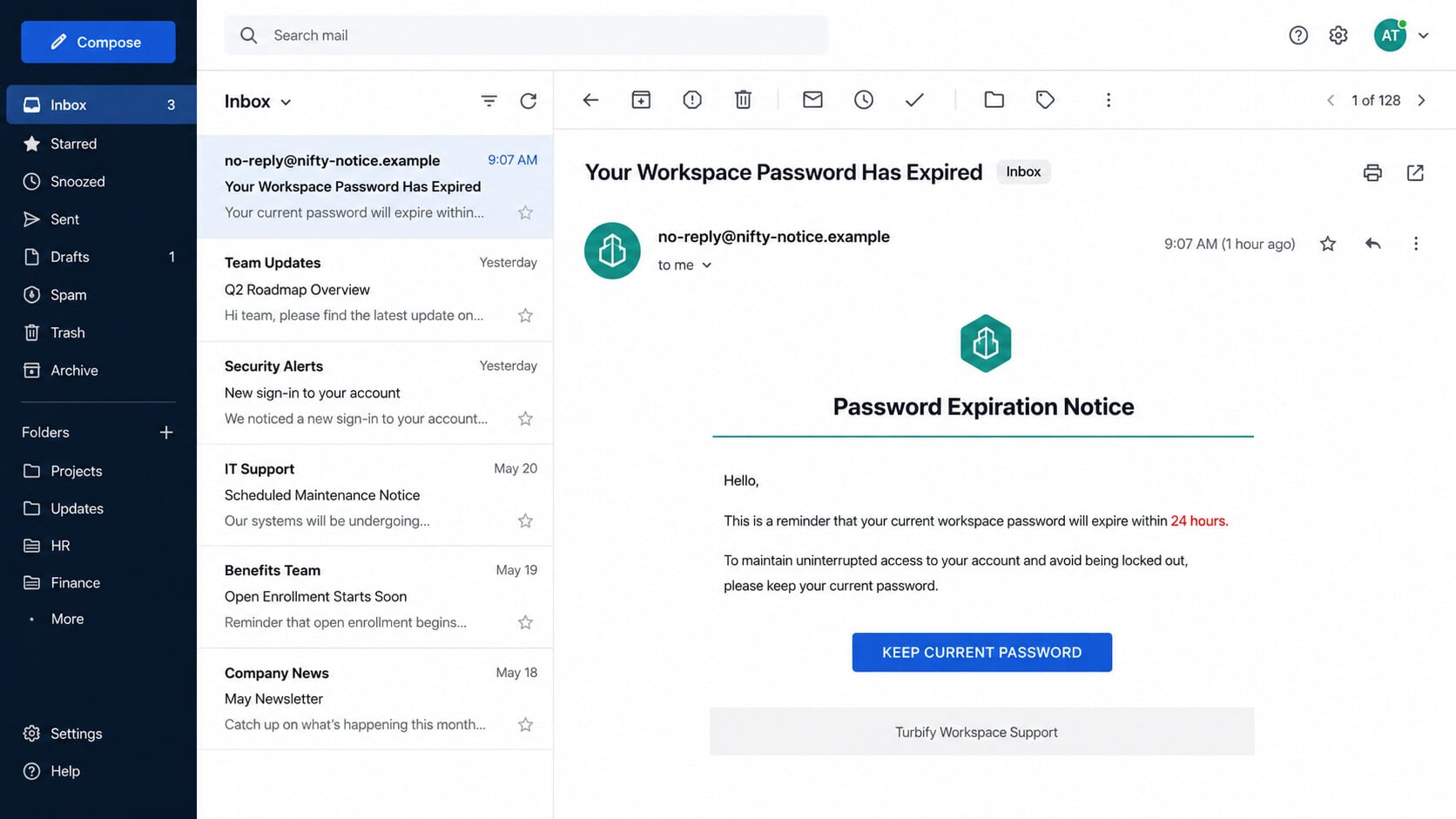 Workspace Password Expired phishing email urging the recipient to keep the current password