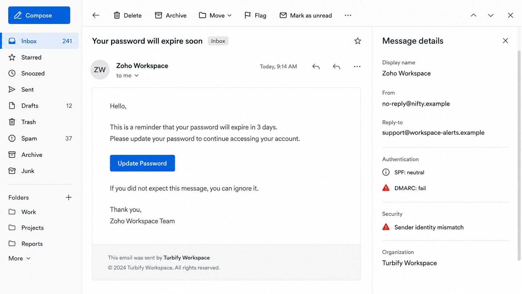 Email message details showing mismatched Zoho Nifty and Turbify identities