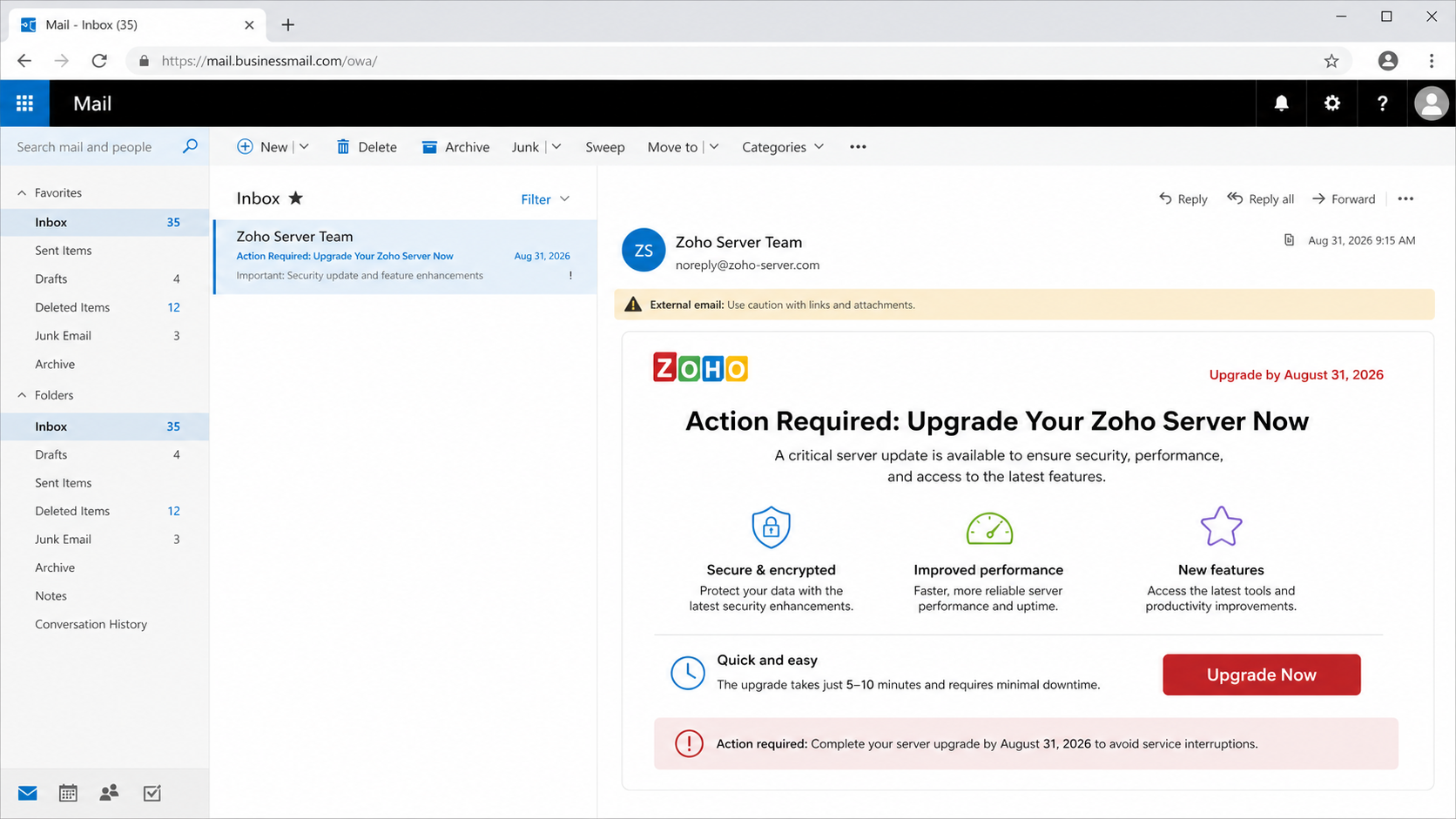 Zoho server update phishing email with an urgent upgrade button