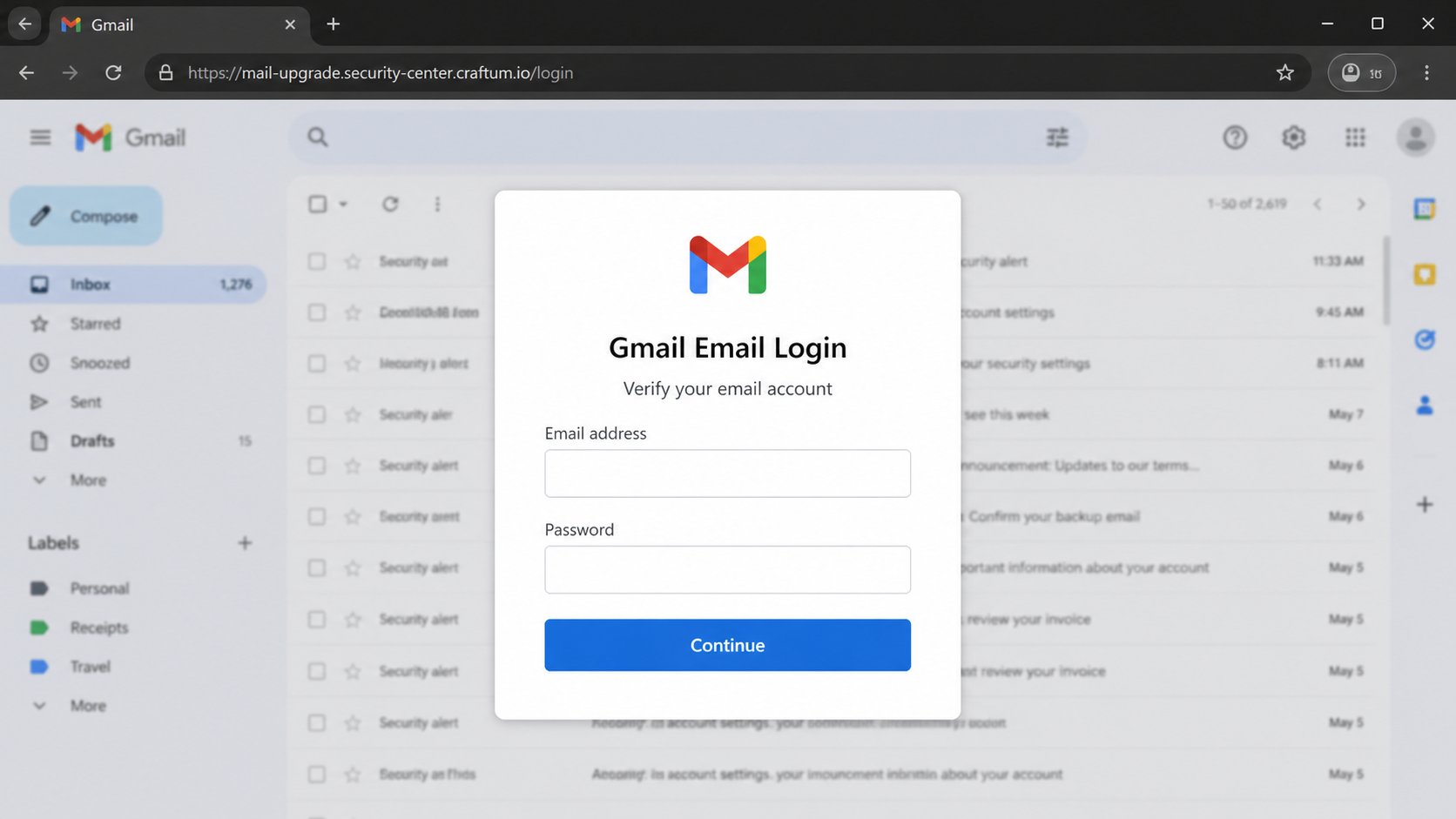 Fake Gmail login page hosted on a craftum.io phishing domain