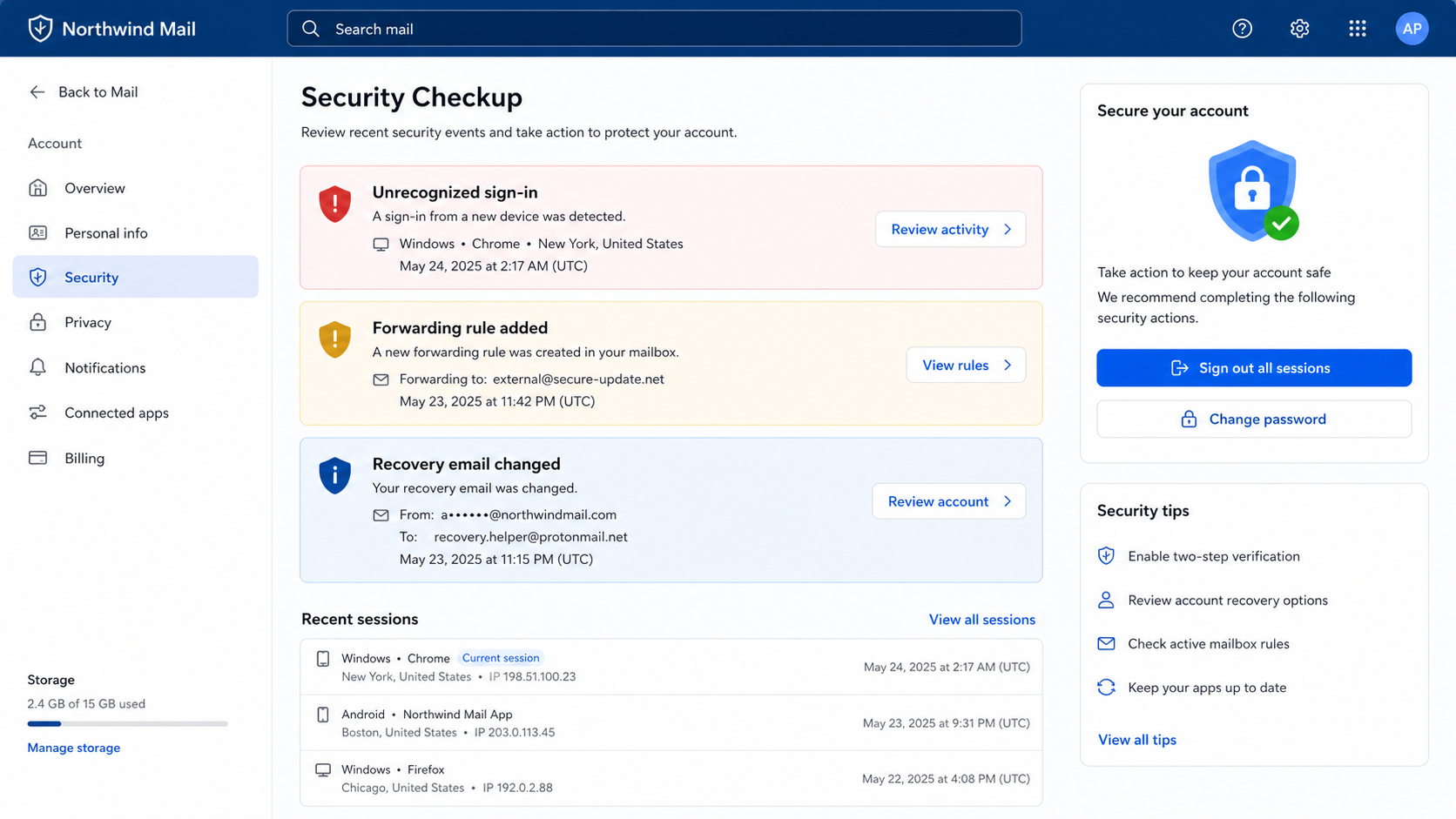 Email security dashboard showing an unfamiliar login and forwarding rule