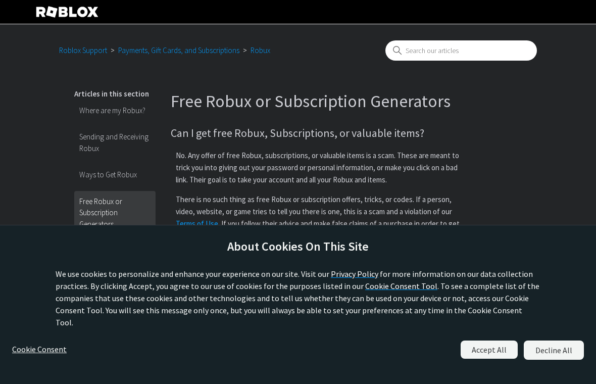 Roblox Support warning that off-platform free valuable item offers can lead to password theft or bad links