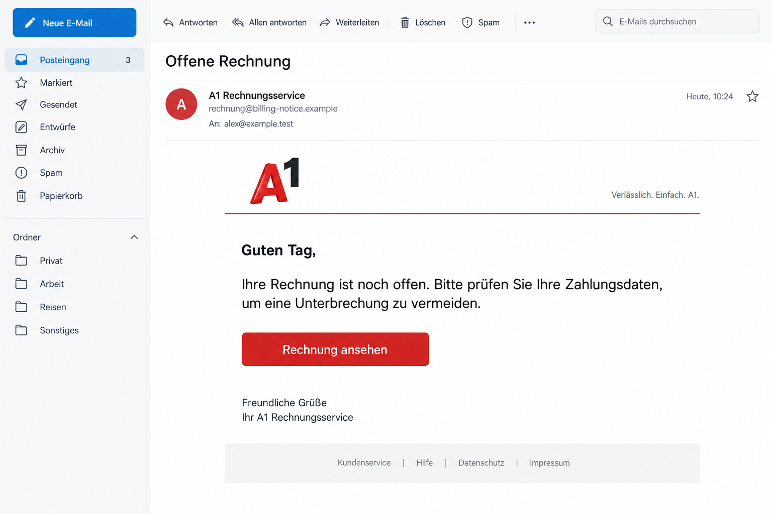 Illustrated email using an A1 unpaid invoice pretext and a red bill review button