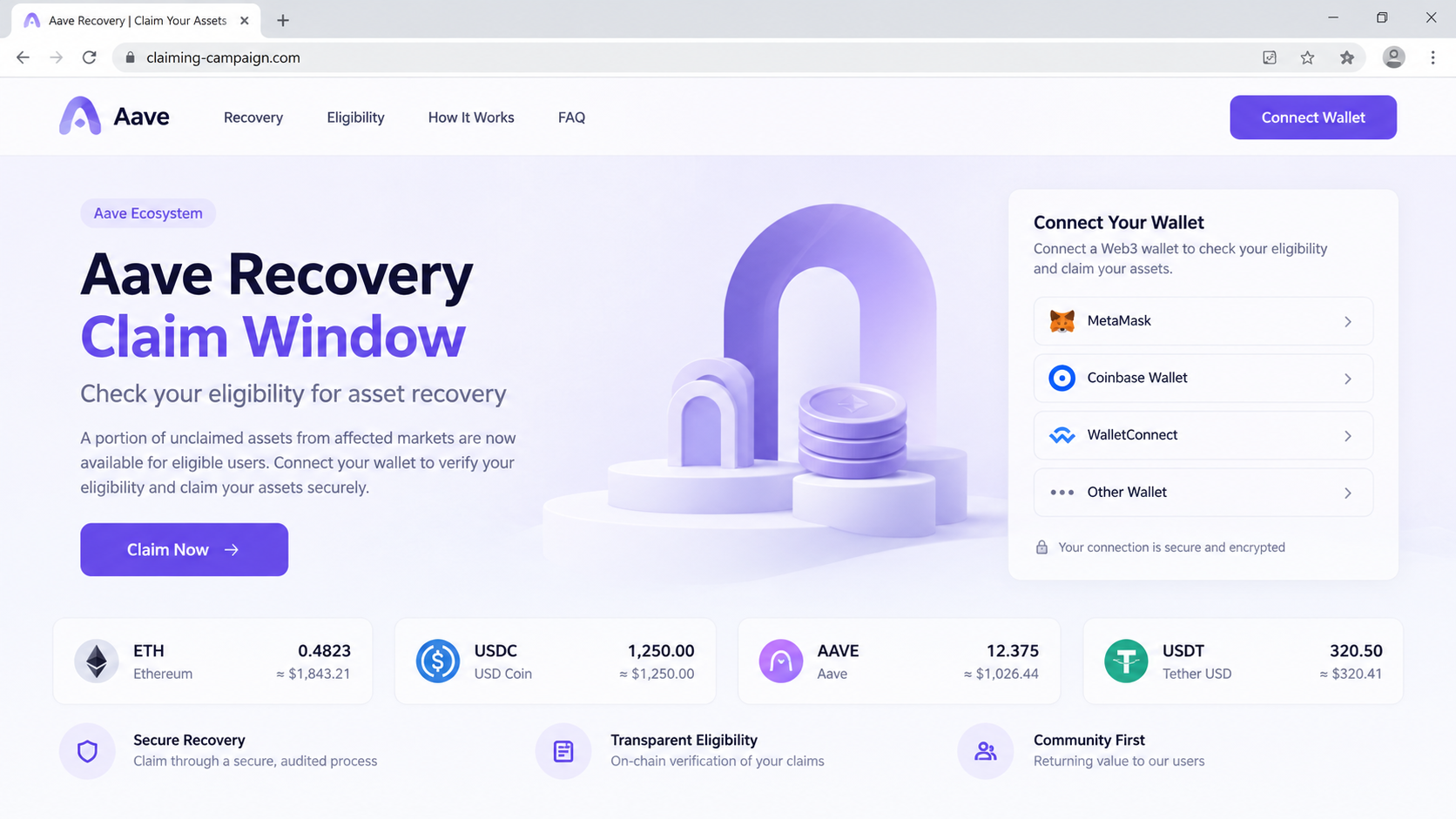 Aave Asset Recovery Scam Exposed: Fake Claim Page Could Drain Your Wallet 1 Illustrative reconstruction of a fake Aave recovery claim page at claiming-campaign.com