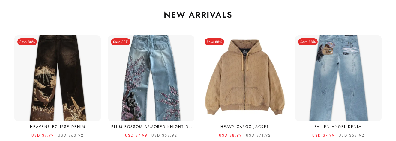 Is Abyzines Legit? The Abyzines.com 88% Off Clothing Store Scam Explained 1 Archived Abyzines.com New Arrivals row showing embroidered jeans and a jacket marked Save 88% at $7.99 and $8.99
