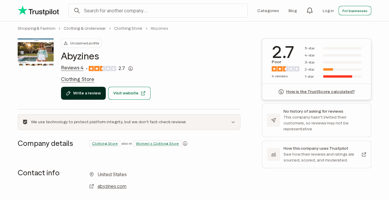 Is Abyzines Legit? The Abyzines.com 88% Off Clothing Store Scam Explained 2 Trustpilot profile for Abyzines showing an unclaimed page with a 2.7 Poor TrustScore from four reviews