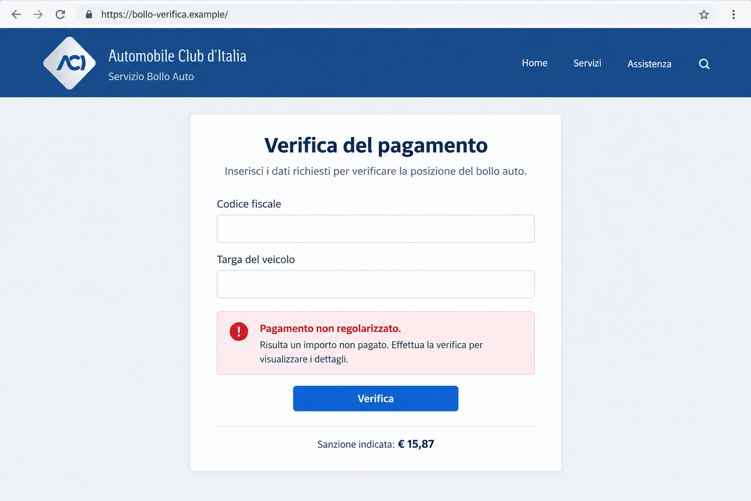 ACI Bollo Auto Scam: The €15.87 Fine Page That Collects Your Card Details 1 Illustration of a false ACI vehicle-tax form requesting tax code and license plate